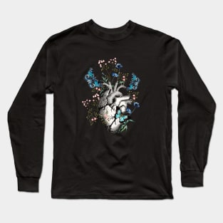 Human heart anatomy with blue butterflies and flowers, floral art of human heart Long Sleeve T-Shirt